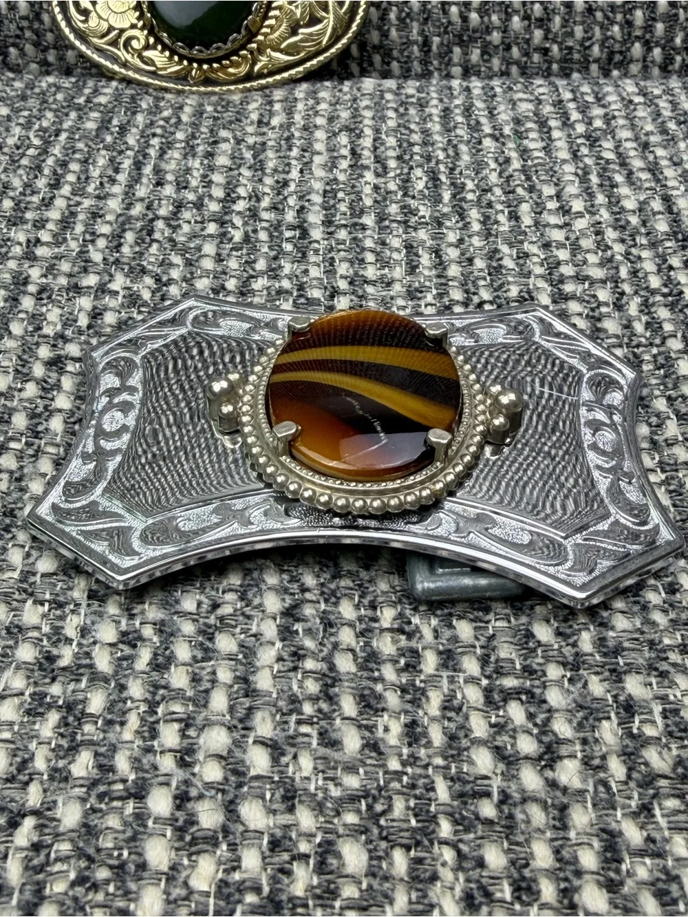 Western Belt Buckle Lot Faux Stone Cabochon Green Tiger Eye Look 2pc